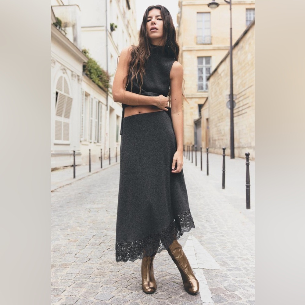 Zara Gray Asymmetrical A-Line Midi Skirt